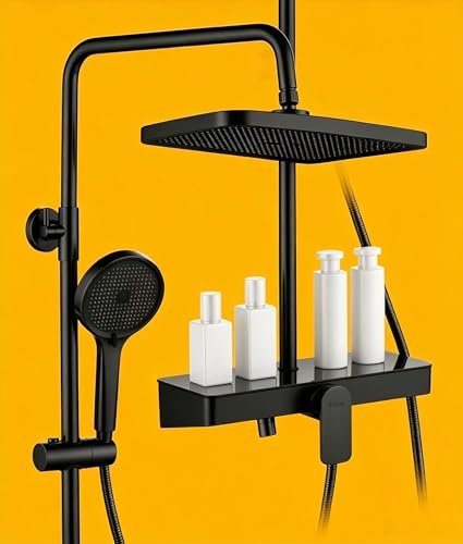 Süßren Columna Ducha Con Grifo Mezclador de Ducha Regulable En Altura Y Juego Completo de Accesorios,Cabezal de Ducha Giratorio 360°,Cabezal de Ducha de Mano, Estante de Cristal de 35×14 cm （Cromo）