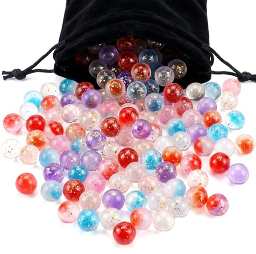 Fsahiuf 100 canicas de cristal multicolor con bolsa de tela negra, juegos de canicas de 10 mm, coloridas que brillan en la oscuridad para niños, canicas de cristal transparentes hechas a mano, juego