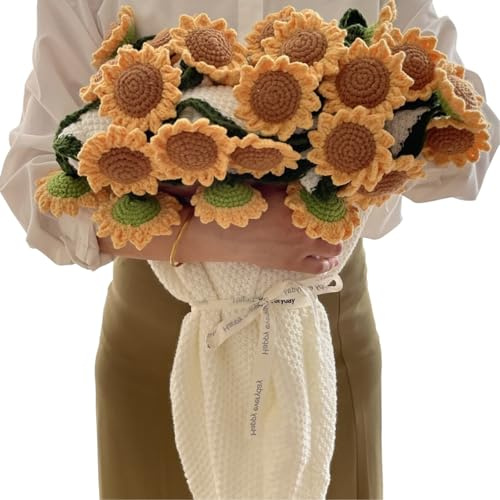 BESTORI Manta de Ramo de Flores de Ganchillo Suave Cálido Manta Floral Hecha a Mano Regalo Romántico para Decoración del Hogar, Girasol 01, 120 cm Redondo