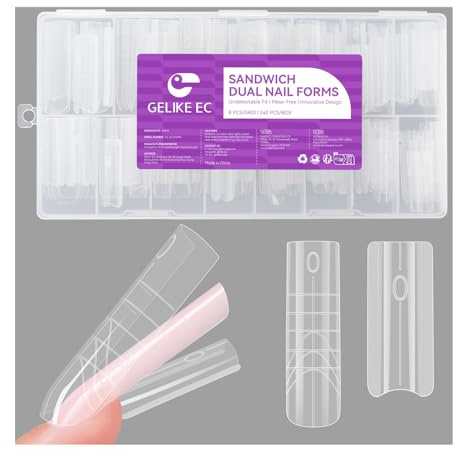 Gelike EC Sandwich Dual Forms for Polygel: Reusable Square Dual Form for Builder Gel & Acrylic Nails - 240pcs 15 Size with Guidelines to Create Short/Medium/Long Styles - C-Curve with Straight Sides