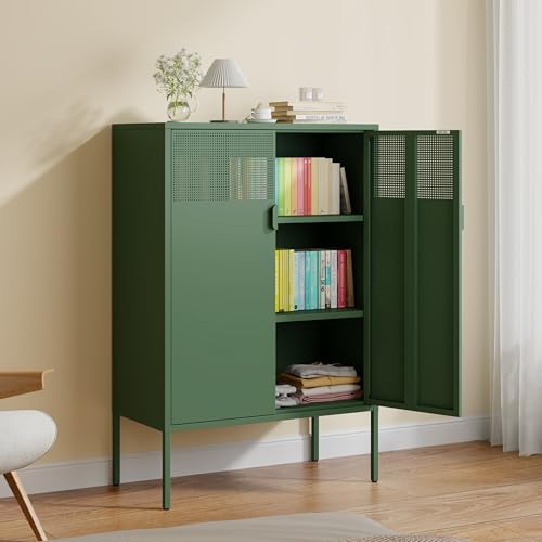 FIRMET 2 Mesh Door Metal Storage Cabinet with Adjustable Shelves, 3 Tier Steel Office Storage Cabinet 47''H Multipurpose Green Storage Cabinet, Metal Locker Storage Cabinet for Office, Home, Hallway