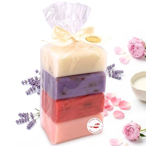 Set di 4 saponi al latte di pecora, set regalo con latte di pecora, classico, lavanda, rosa con fiori, peonia, sapone naturale con lanolina e oli vegetali, prodotto in Austria, cremoso e delicato