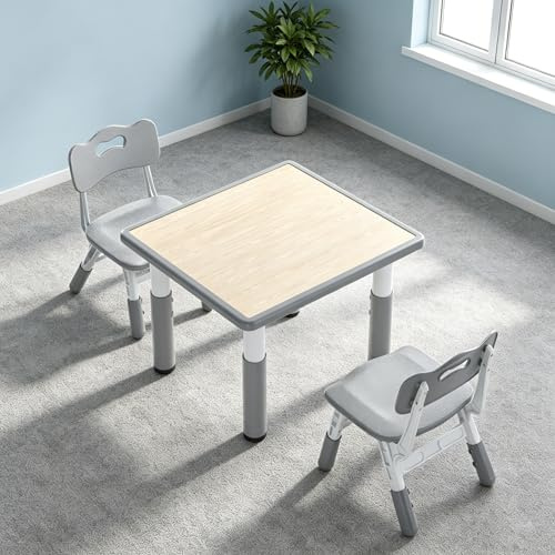 Yunvin Kids Table and 2 Chairs Set Seating Group Children furniture Height Adjustable Plastic Toddlers Activity Table Drawing Desk for Eating Crafting Playing 100kg Capacity, 60x60cm