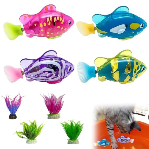 QhgPnt 8-Piece Robot Fish and Aquarium Decoration Bundle, 2.95 * 1.37 * 0.87 INCH Interactive Cat, Moving Electronic Fish with Artificial Aquatic Plants for Swimming Pet for Cats, Bath Time Fun