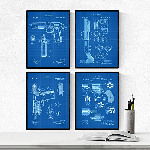 Nacnic blå vapen patent affisch set om 4. Väggdekoration i vintagestil avbildning av gevär och pistoler. Olika geometriska gamla uppfinningar bilder utan ram. Storlek A4