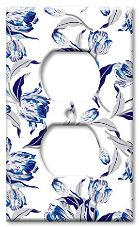 Art Plates - Duplex Outlet Cover Decorative Metal Wall Plate - 1 Gang Outlet Plug Cover - Blue and Gray Flower Toss - (Made in USA)