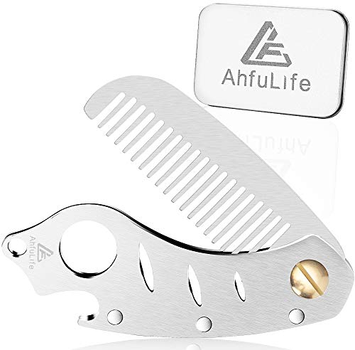 Metal Folding Beard Comb for Men, AhfuLife Moustache Pocket Foldable Comb With Bottle Opener Fits in Keychain, Stainless Steel Hair Beard Mustache Care - Presented in Gift Box (Silver)