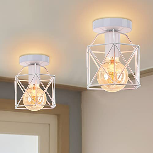 iDEGU 2 Pezzi Plafoniere E27 Vintage Lampada da Soffitto Design Industriale in Forma di Gabbia Esagono 15cm Paralume Matal Bianco Retro Lampadario da Soffitto per Camera da Letto, Cucina, Corridoio