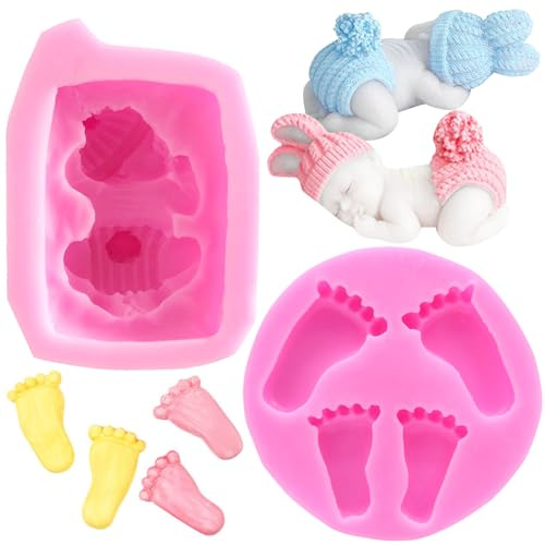 2 Stück 3D Baby Silikonformen, 3D Schlaf Babyform & Footprint Form Babyform, Antihaft, für Baby Shower Geburtstagsfeier Kuchen Dekoration