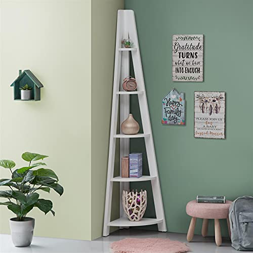 Timber Art Design UK Riva 5 Tier Corner Ladder Retro Open Wall Unit Shelving Scandinavia Contemporary Organiser For Modern Living Room Bedroom Hallway Furniture, White W38.6 x H175.4 x D38.6 cm