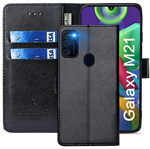 FMPCUON Hülle für Samsung Galaxy M21 Handyhülle [Standfunktion] [Kartenfach] [Magnetverschluss] Tasche Flip Case Schutzhülle lederhülle klapphülle für Samsung Galaxy M21 Schwarz