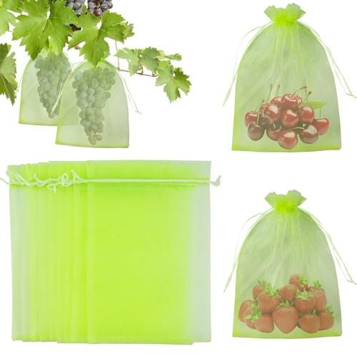 KINGLAKE 50Pcs Fruit Protection Bags, 10x15cm Green Organza Gift Bags Large, Garden Plant Protect Insects Barrier Mesh Net Bags for Fruits Tree Strawberry Plum Vegetables