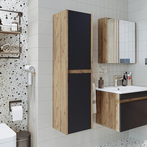 ROOMART • Set di mobili da bagno • Atlantic • 4 mobili da bagno • Mobile da 100 cm con lavabo in ceramica • Armadio a specchio • Mobile alto (rovere antracite, armadio alto)