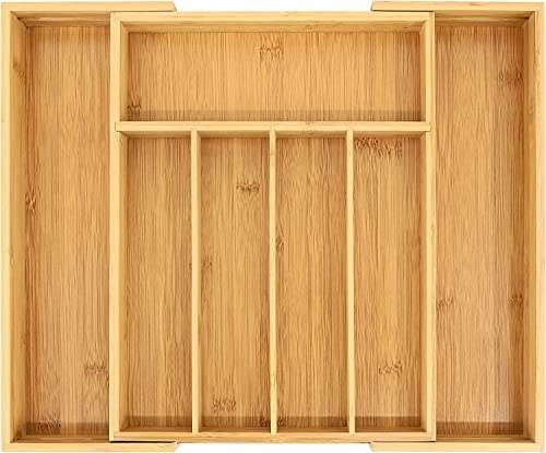 Expandable Bamboo Cutlery Drawer Organizer – Natural Wood Utensil Tray with Knife Holder by Koksi – Adjustable Kitchen Drawer Divider for Silverware and Flatware