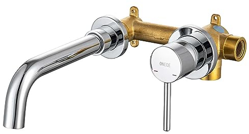 ONECE Robinet de Lavabo Mural, Mitigeur Mural en Laiton Haut de Qualité, Robinettrie Salle de Bains Encastré, Robinet Froid et Chaud Rotation à 360°, Chromé