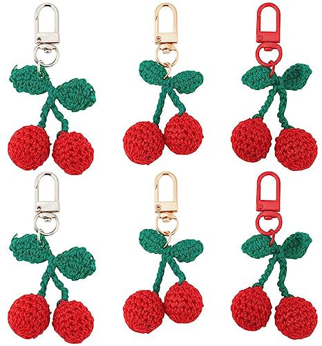 CRASPIRE 6Pcs Crochet Cherry Keychains Wool Knitting Plush Key Chains 3 Color Fruit Cute Hanging Pendant Charm Keyrings for Purse Earphone Bag Wallet Backpack Decorations Party Favors Bulk