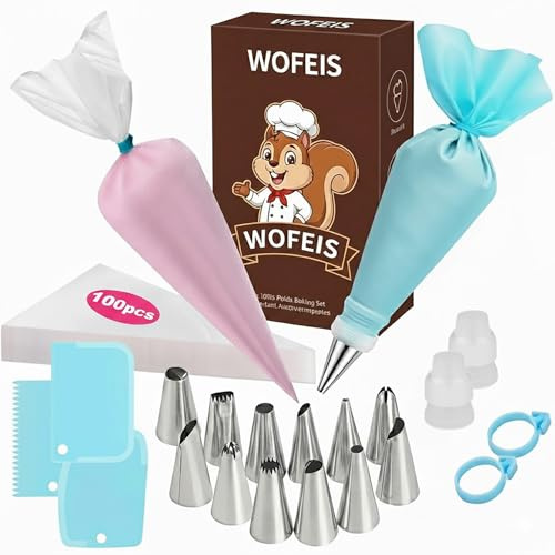Piping Bags and Tips Set, 120 Pcs Cake Decorating Kit with 100 Disposable Piping Bags, Reusable Icing Bag, Frosting Tips, Couplers, Cake Scrapers, Cupcake Decorating Supplies
