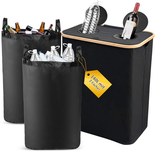 SOUTHGATE Pfandflaschen Sammelbehälter 2 Fächer, 140L Pfandbehälter, Leergut & Altglas Aufbewahrung mit Loch [inkl. 2 XXL Tragetasche], Mülleimer mit Deckel für Küche & Abstellraum, Schwarz
