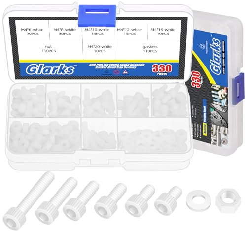 Glarks 330pcs M4 Blanco Nylon Hexagon Socket Tornillo, 6/8/10/12/15/20 mm Hexagonal Cabeza Tornillo de cabeza de zócalo Tornillo de cabeza de nailon, tornillos de accionamiento con tuercas y arandelas