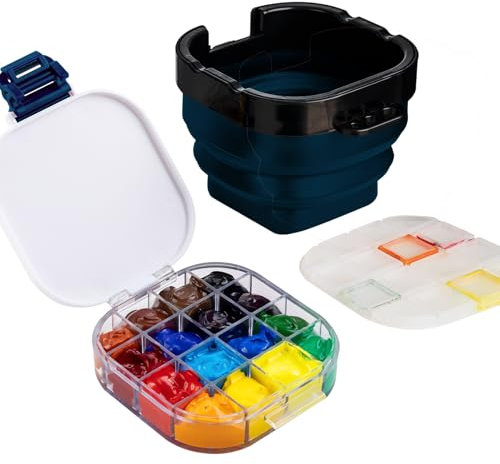 COOZEE 16 Mulden Farbpalettenbox mit Faltbarer Pinsel-Unterlegscheibe, tragbar 3-in-1 luftdichte Farbsparpalette mit Pinselreiniger und Pinselhalter für Aquarell, Öl, Acryl, Gouache-Malerei, Blau