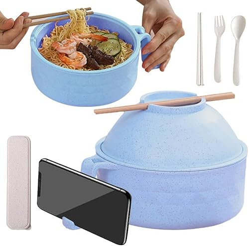 Mikrowellen Ramen Schüssel Set, Ramen Nudelschüssel mit Stäbchen, Ramen Schüssel Mikrowellengeeignet, Ramen Mikrowellenschüssel, Mikrowellen Ramen Kocherschüssel mit Deckel (Blau)