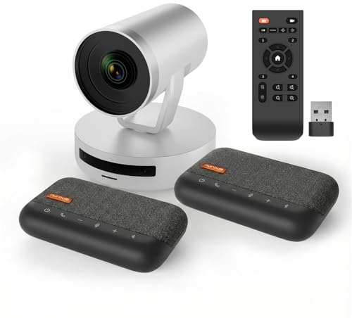 Nuroum Konferenzraum Kamera System V403 und 2 A15 Set, 5X optischer Zoom, All-in-one Videokonferenzsystem, Autofokus, PTZ-Webcam und Daisy Chained Bluetooth Conference Speakers für Großer Tagungsraum