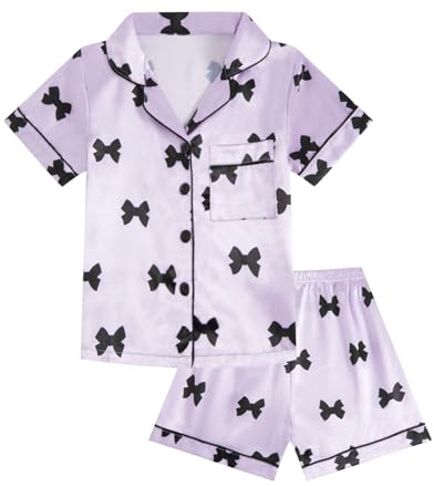 JiAmy pyjamasset för flickor, rosett, tryck, barnpyjamas 8-12 år | 8-12 år, 100 % polyester satin pyjamasset, rosett, knapptopp, elastiska underdelar, mjuka nattkläder för flickor
