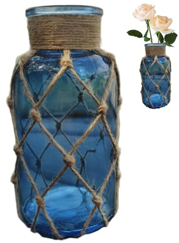 Jarrón de Vidrio Azul de 16 cm de Alto con Red de Cuerda Creativa Botella de Vidrio Decorativa rústica para decoración Moderna del hogar Regalos de Boda.
