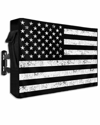 Lsrtoss Black American Flag Outdoor TV Cover 60-65 Inch Weatherproof, Vintage USA Flag Outdoor TV Enclosure with Zipper & Roll Up Front Flap, Retro Waterproof TV Covers for Outside Flat Screen TV