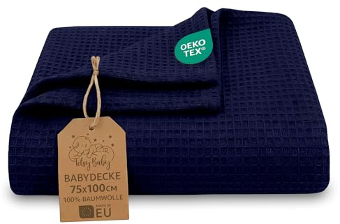 Totsy Baby Manta bebé algodón Waffle 75x100 cm - Plaid Tejido gofrado Nido de Abeja Suave mantita Ligera Transpirable arrullo sábana niño cobija Fina recién Nacido Certificado Oeko-Tex Azul Marino