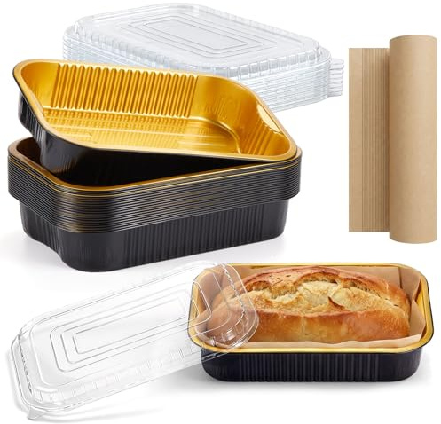 Acellegic 20 Pack Aluminum Loaf Pans with Lids and Baking Paper Disposable Bread Pans 13 x 9.84 x 2.36 Inches Black Gold Aluminum Tin Foil Baking Pan for Food Container Microwave Oven Cooking