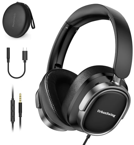URBAN SWING W70 Wired Headphones for iPhone 17 16 15, Samsung S25 S24 S23, 3.5mm Jack & USB C Adapter for iPad, Laptop, PC, 4.9ft Long Wire, Volume Control, Mic & Hard Case for Travel, Office, Black