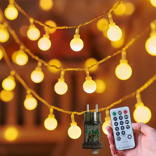 Guirnalda de Luces con Enchufe 30m 200 LED en Bolas Blancas, 8 Modos de Iluminación, Guirnalda Luces Exterior IP44 para Jardín Grande, Terraza y Balcón, Luces Decorativas para Fiestas, Bodas y Navidad
