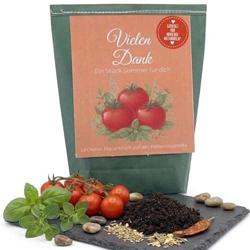 Saatgut Geschenkset Pizza-Garten – Vielen Dank Geschenk mit Tomate, Basilikum & Oregano Samen, Pflanzerde, Pizza-Rezept & Geschenktüte, nachhaltiges Mitbringsel