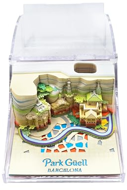 MOCIWORLD Bloc de Notas 3D Park Güell - Escultura en Relieve al Arrancar Hojas - Notas de Papel con Caja Acrílica Transparente - Regalo de Arte y Arquitectura de Antoni Gaudí - Tamaño M