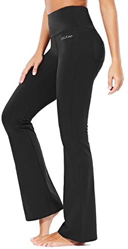 baleaf Yogahose Damen High Waist Schlaghose Bauchkontrolle Freizeithose Baumwolle Sporthose lang Yoga Pants mit Taschen Regulär/Groß Schwarz L