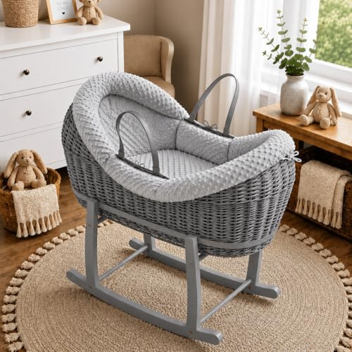 For Your Little One Pod Grey Wicker Moses Basket with Rocking Stand & Mattress - Grey Dimple