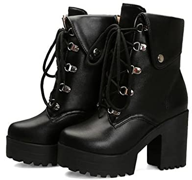 PAIDAXING Stivali da donna con plateau e lacci, tacco medio alto, alla moda, stile gotico, per ragazze e signore, taglia 4,5-7, Nero , 37.5 EU