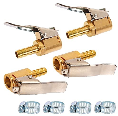 Toolwiz Däckchuck, luftmunstycke för däckventil, kompressortillbehör 6 mm | 4-pack mässing däckventilskontakt med slangände, lås-på luftklämma med öppet flöde för däckuppblåsning och slangreparation