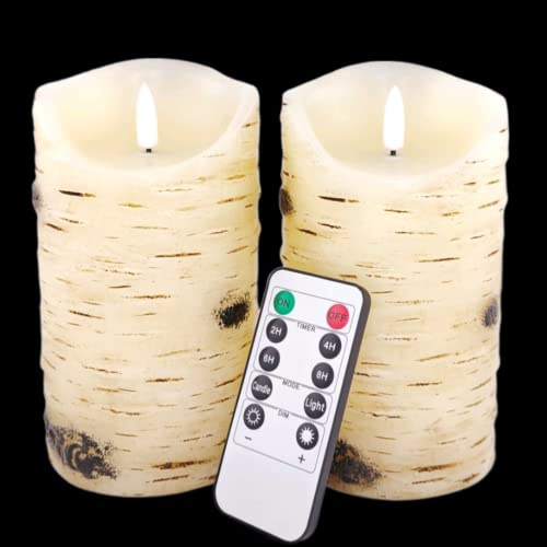 Flameless Candles LED Candles Birch Bark Effect Set of 2 (D:3.25 X H:6) Ivory Real Wax Pillar Battery Operated Candles with Dancing LED Flame 10-Key Remote Control and Cycling 24 Hours TimerâŠ