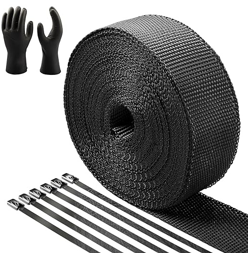 CARDI Auspuff Hitzeschutzband Schwarz 5CMx15M Dicke 2MM Basaltfaser Auspuffband mit 14PCS Edelstahl Kabelbinder und einem Paar Handschuhen für Motorrad und Auto