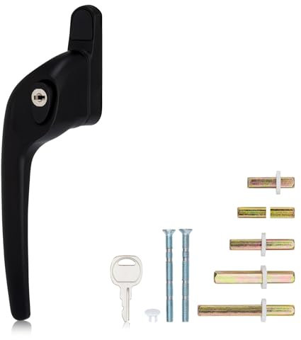 XFORT Cranked Locking Window Handle Installation Kit in Black, Left Hand UPVC Window Handle Replacement, Offset Lockable Window Lever