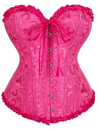Bslingerie® Femmes Gothique Floral Dentelle Satin Corset Overbust, rose vif, XXL