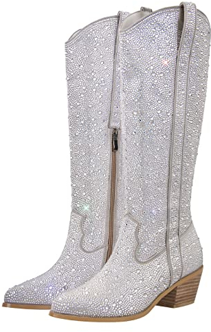 blingqueen Cowboy Stiefel Langschaft Glitzer Boots Westernabsatz Strass Westernstiefel Silber 39 EU