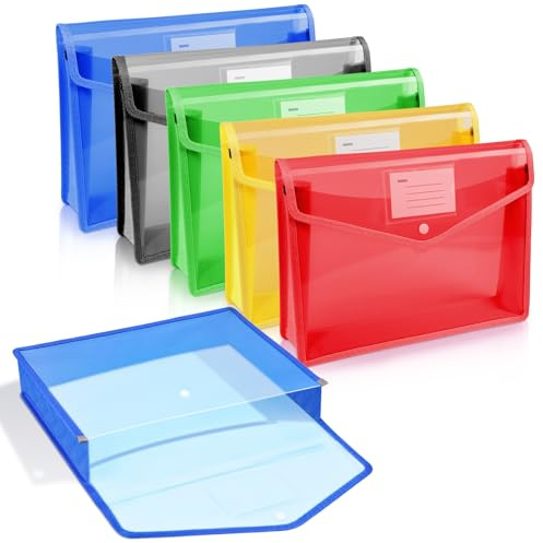 Vicloon Busta Portadocumenti, 5 Pezzi A4 Cartelline in Plastica, 6 Colori Cartella portadocumenti espandibile, con bottone a pressione Cartelle a Busta Portadocumenti(Orizzontale)