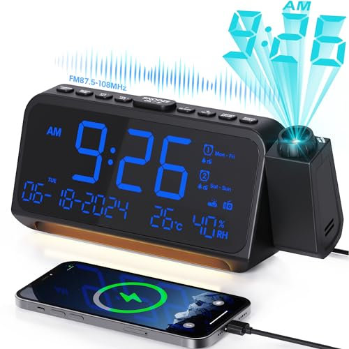 Mesqool LED Projection Alarm Clock, Digital FM Radio Clock with Projector, Dual Alarm and Adjustable Night Light, Temperature and Humidity Display, 5-Level Dimmer with Type C Charging Port