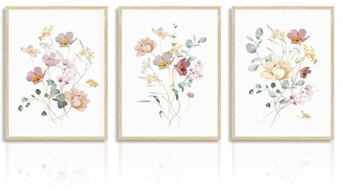 Dazzlewall Aquarell Blumen Leinwand Bilder Minimalistische Botanische Wandbilder für Schlafzimmer Wohnzimmer Dekor 30X40 cm Ohne Rahmen 3er Set