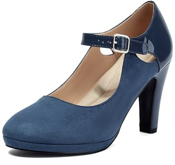 elerhythm Chaussures Mary Jane pour femme à talons hauts rétro à bout fermé avec bride perforée à la cheville en cuir velours chic vintage Gatsby, bleu, 38 EU