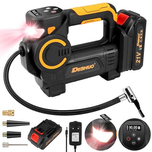 Compresseur à Air Portatif avec 21V Batterie, Gonfleur de Pneus sans fil Compresseurs d'Air 160PSI Gonfleur Pneus Voiture avec Arrêt Automatique,LED,Kit de Valves pour Voitures,Vélos et Ballons