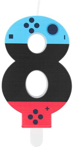 Vela de cumpleaños con controlador de juego, vela azul roja para niños y niñas, juego número 8